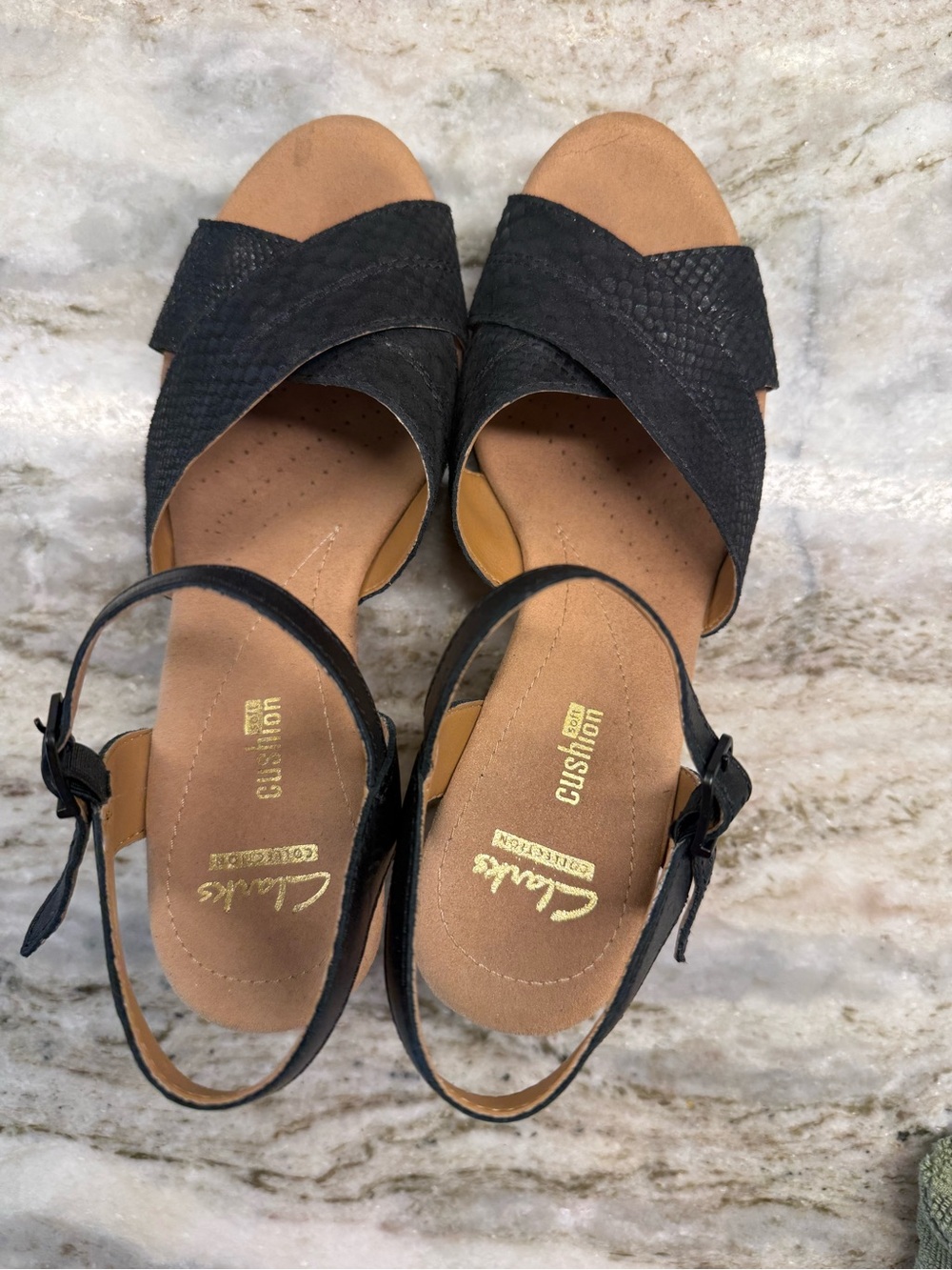 Clarks Black Snake-Texture Wedge Sandals - Picture 5 of 12